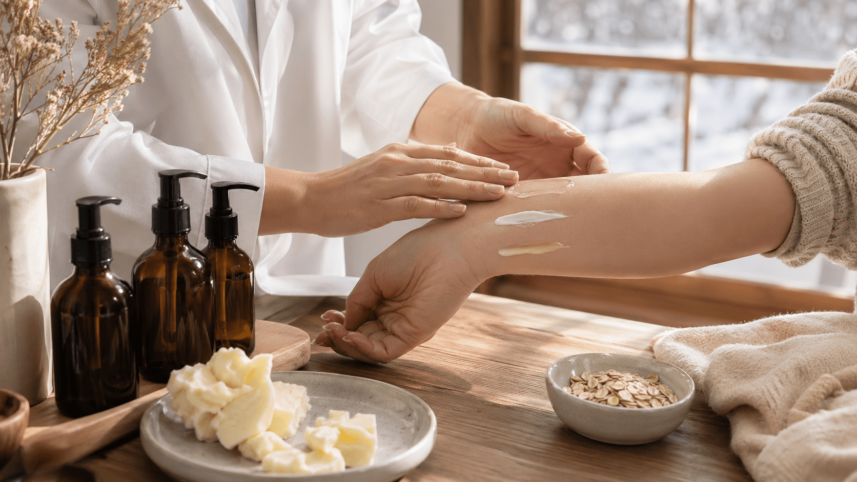 Minimal skincare bottles and lotion jar on a snowy white surface with soft cool lighting and pale blue accents
